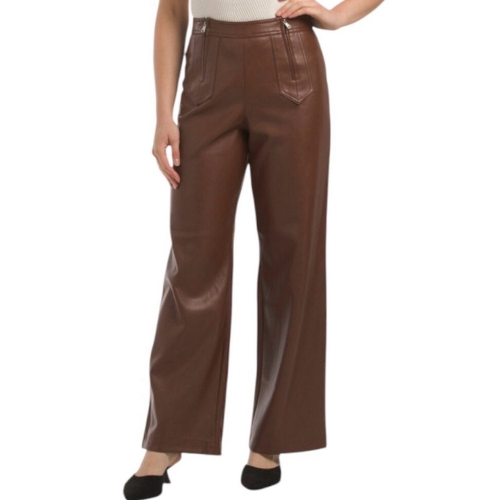 7 For All Mankind High Rise Vegan Brown Leather Pants Double Zip Size 6
